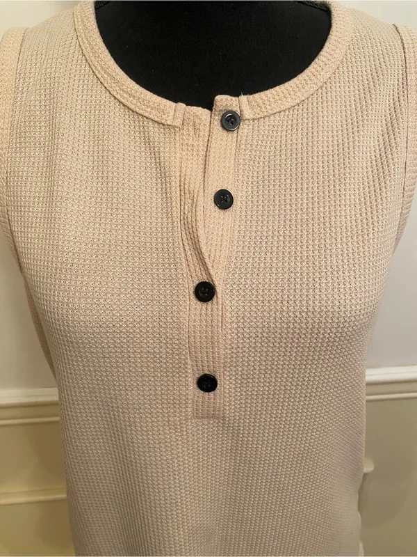 Sleeveless Cream Waffle Knit Henley Tank Top - Classic Neutral Style - Image 4