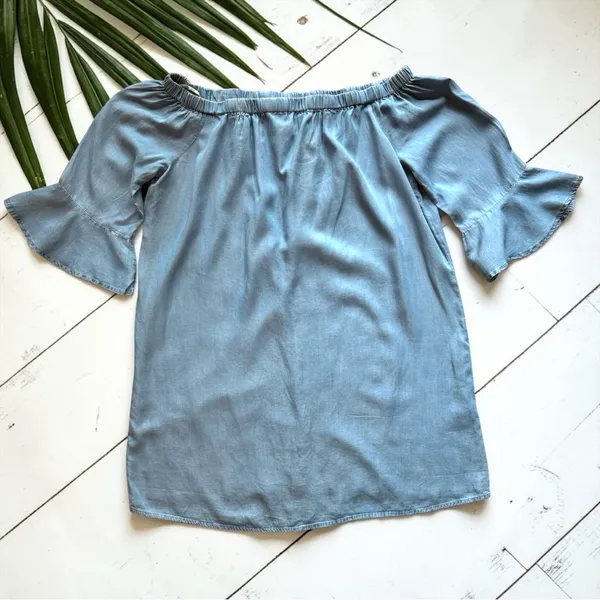 Forever 21+ Off-Shoulder Chambray Dress | Light Wash Denim Look | Size 1X | NWT - Image 8