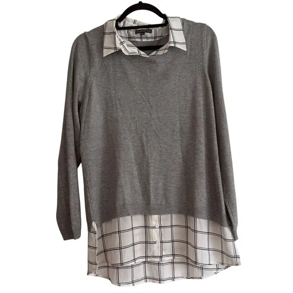 Adrianna Papell Womens Grey Layered Look Sweater Plaid Trim AD1S300211 Large‎ - Image 2