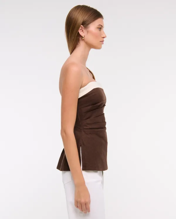 Abercrombie and Fitch AnF Dark Brown White Beige Linen Blend Tube Top Blouse - Image 4
