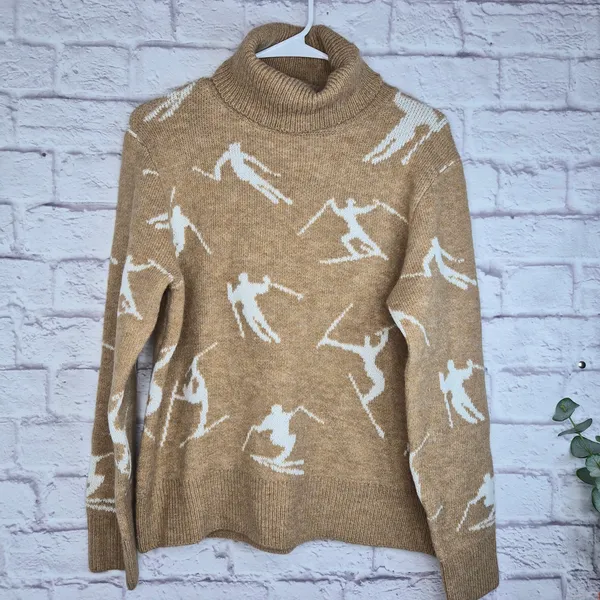 CeCe Ski Sweater Womens Small Camel Tan Turtleneck Skier Graphic Knit Apres Cozy - Image 3