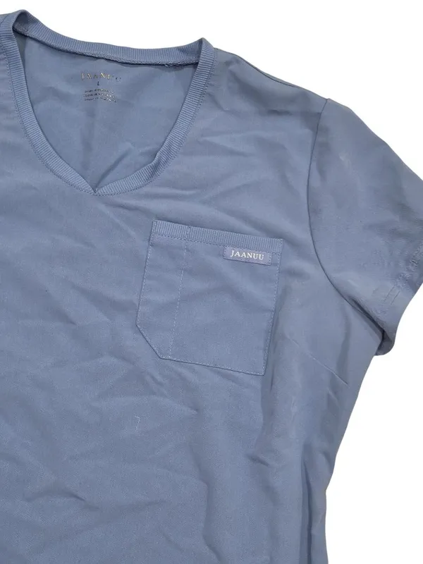 Jaanuu Womens Blue V-Neck Short Sleeve Scrub Top With Pocket Size L - Image 4