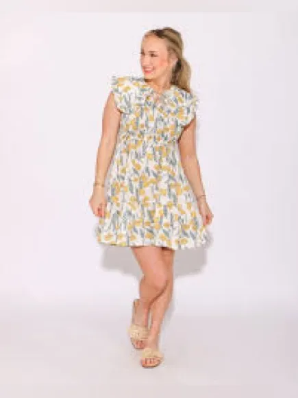Umgee Honey Smocked Dress Cream Floral Button-Front Yellow Peter Pan collar - Image 6