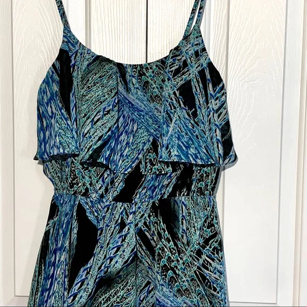 Lila Rose Dress Blue Green Black Print Sleeveless Ruffle Mini Dress Medium - Image 5