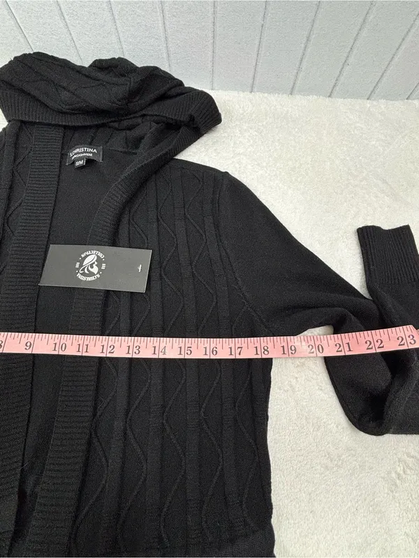 S. Christina Cashmere Black Hooded Open Front Cardigan Sweater S/M - Image 9