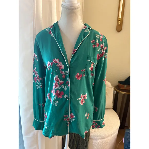 Sézane Elisa Pajama Top Silk Green Floral Button Down Size 36 Small - Image 2