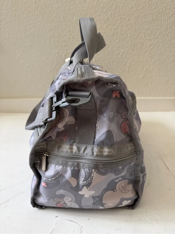 LeSportsac Large Weekender Duffel Bag Grey Pink Floral Butterfly - Image 2