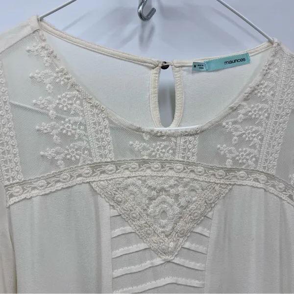 Maurices Cream Lace Detail Blouse size M sheer top embroidered hemline boho - Image 9