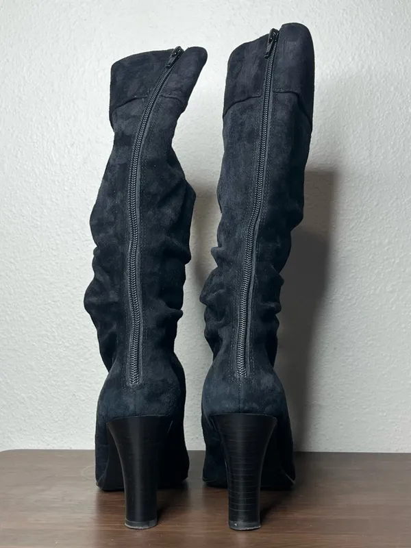 Vintage Bandolino Black Suede Slouch Point Toe Heeled Boots Y2K Size 7 - Image 5