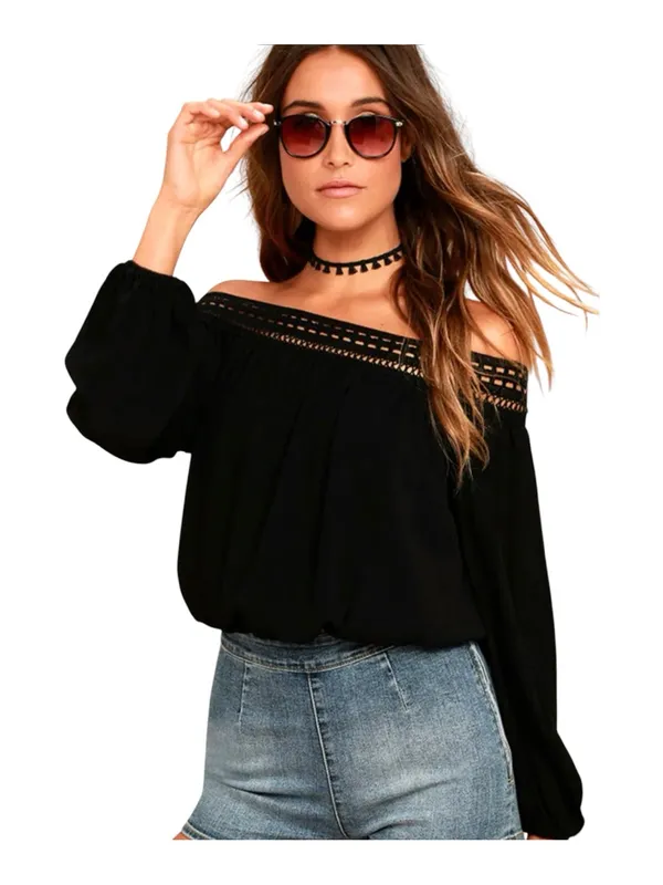 Lulu's Black Off-Shoulder Crochet-Trim Blouse size XS - Image 2