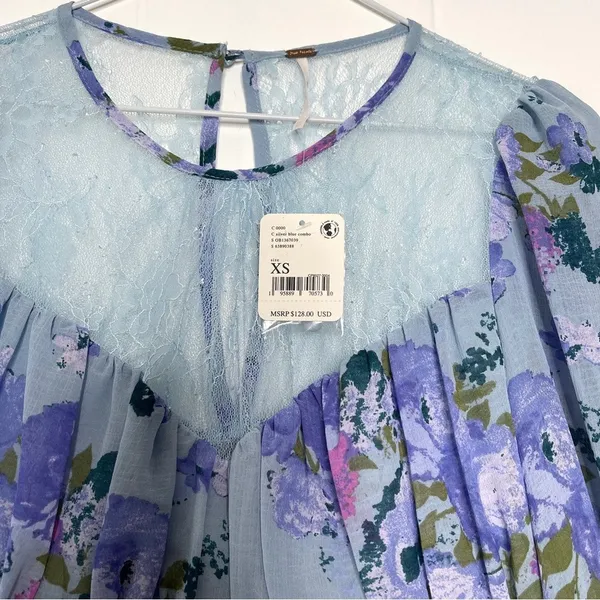 Free People Daphne Floral Lace Blouse In Silver Blue Combo NWT XS - Image 6