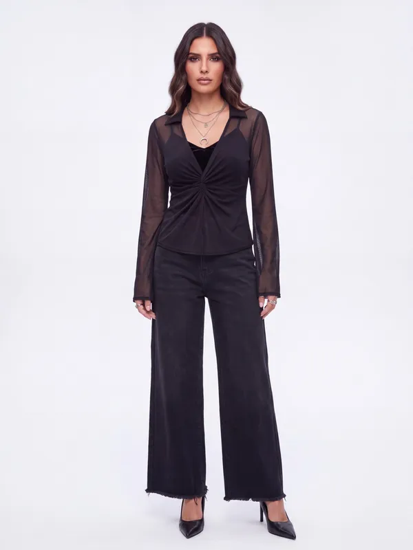Skönhet Sheer Mesh Flare sleeve Cuff Low-Cut Cover Up Top whimsigoth y2k 90s - Image 5