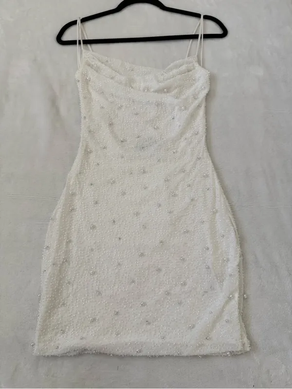 Windsor White Pearl Beaded Cowl Neck Mini Dress Open Back NWT Medium - Image 7