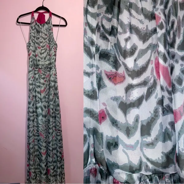 Erin Maxi Dress Women Size 8 Halter Sheer Overlay Abstract Print Preppy Sundress - Image 2