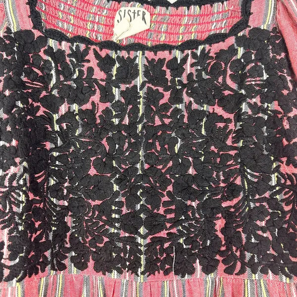 Sister Mary Sierra Dress Size Large Cotton Stripe Embroidered Smocked Boho Red - Image 6