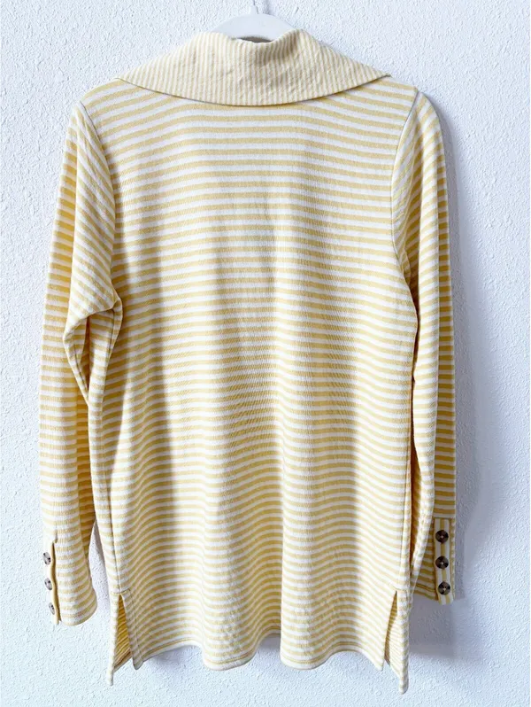 J Jill Split Neck Collared Pullover Striped Sweater Lemoncream Size XS Preppy - Image 2