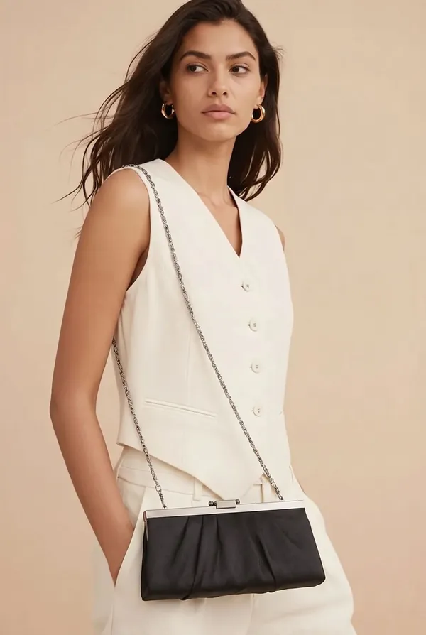 Black Satin Evening Clutch With Silver Chain Strap and Kiss Lock Frame - Image 14