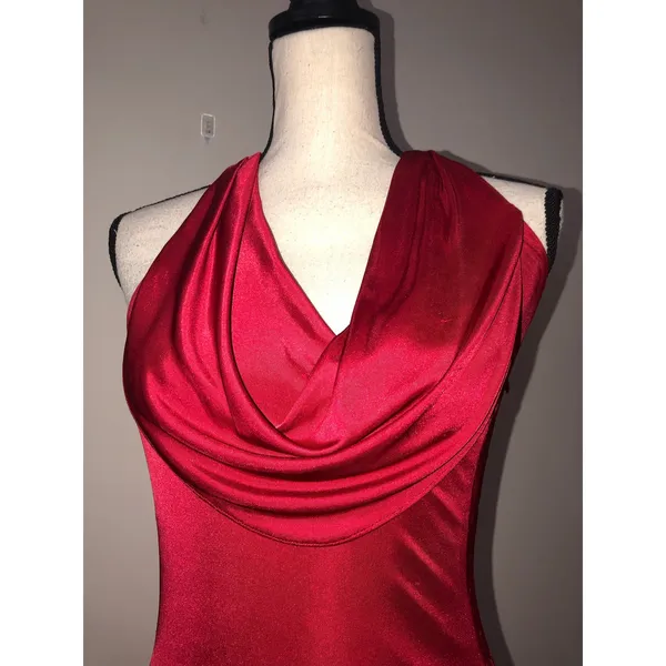 Kurt Thomas Red Cowl Neck Slinky Halter Gown Size 2 Beaded Open Back Maxi Dress - Image 6