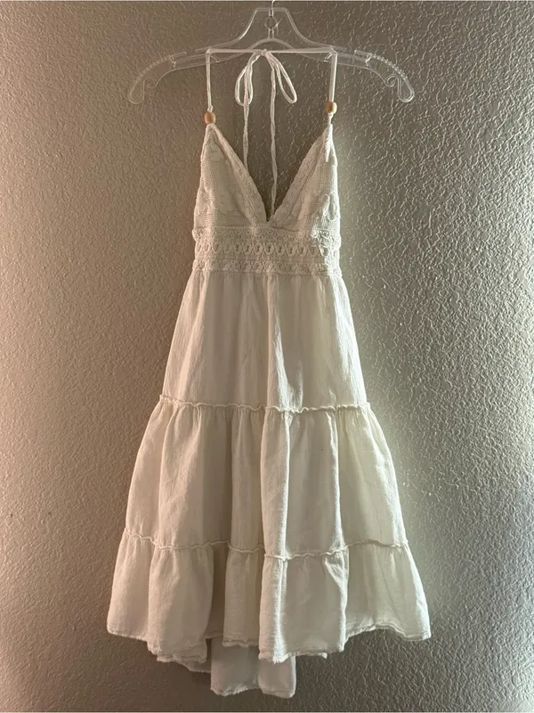 Off White Crochet Halter Beaded Tie Back Boho Tiered Mini Dress Tunic - Image 3