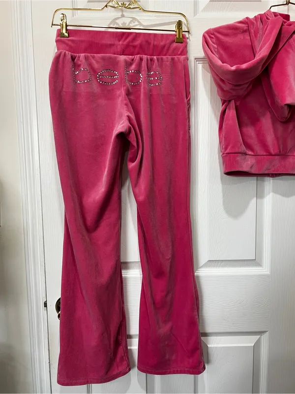 Bebe Pink Velour Tracksuit Size Small Pink Taffy Plush Zip Up Set Jacket & Pants - Image 3