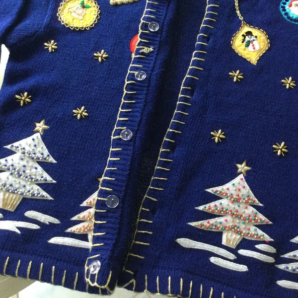 Vintage Victoria Harbour Embellished Christmas Sweater Cardigan Blue Ugly - Image 3