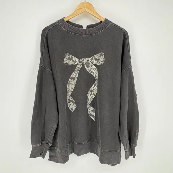 Aerie Lace Ribbon Bow Sweatshirt Charcoal Gray Oversized Keyhole Back Medium - Image 3
