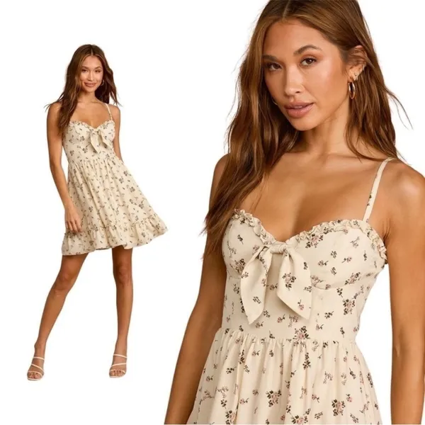 Lulus Romantic Muse Cream Floral Print Tie-Front Ruffled Mini Dress Medium NEW - Image 4