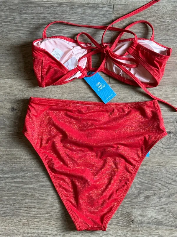 CUPSHE Red Shimmer High-Waist Bikini Small NWT Minimalist Sexy - Image 3