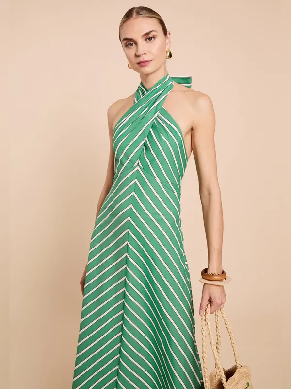 Few Moda o.p.t Green Size M Noelle Stretch Cotton Halter Long Striped Maxi Dress - Image 2