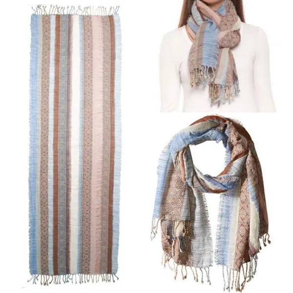 PRANA Mae Scarf Wrap Fringed Striped Tan Blue Cream Multicolored 100% Wool - Image 2