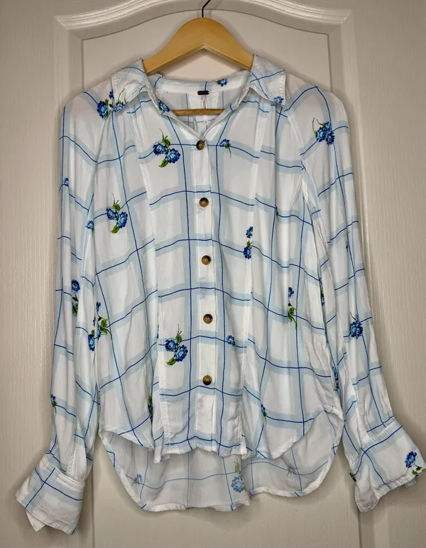 Free People Window to My Heart Floral Plaid Button Down Shirt XS - Image 3