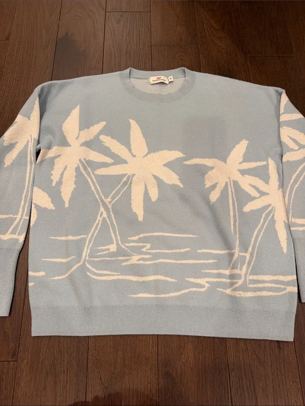 Vineyard Vines Sky Blue Palm Tree Knit Crewneck Sweater Size Medium - C4-107 - Image 4