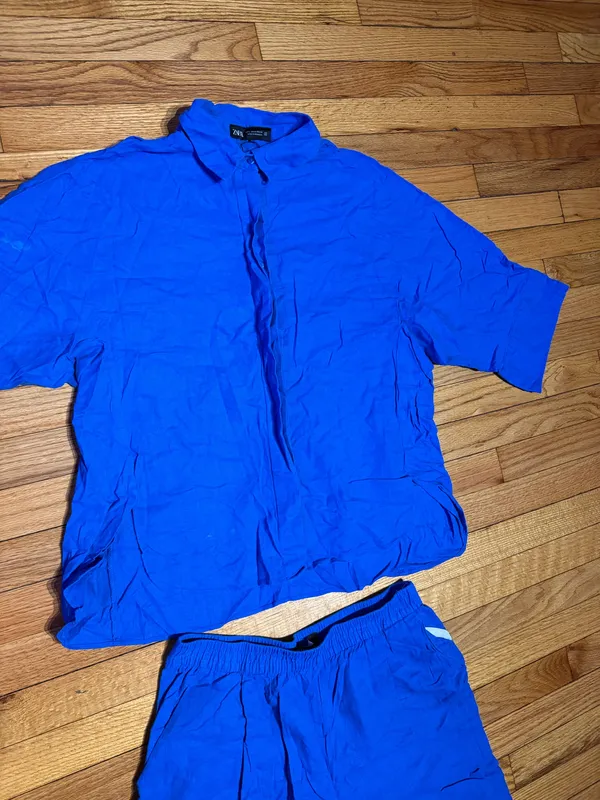 Zara Linen Matching set button shirt Coord wide pant drawstring lounge blue M - Image 5