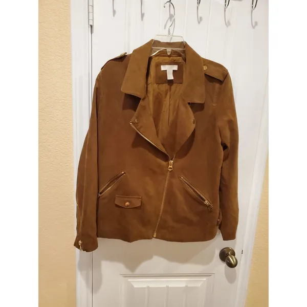 H&M womens biker jacket size US 14 brown zip long sleeve solid - Image 4