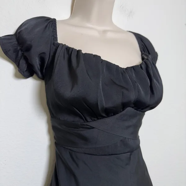 Women‎ Milkmaid Maxi Whimsigoth Dress Large Black Satin Puff Sleeve Ruched Bust - Image 2