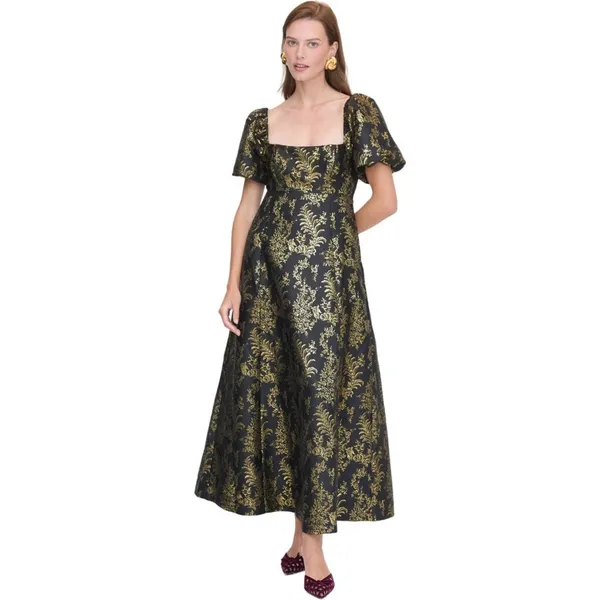NWT Hill House The Matilda in Black Gold Bird Brocade Smocked Dress XXS - Image 4