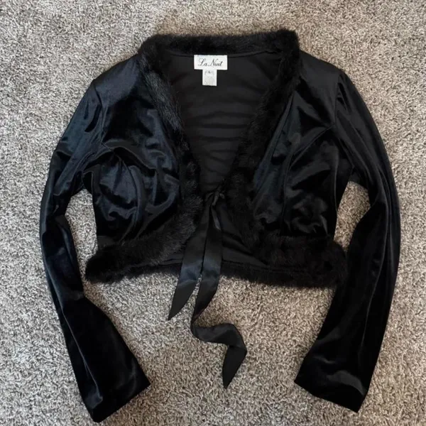 Black satin LA NUIT cropped bolero jacket with luxe faux fur trim - Image 2