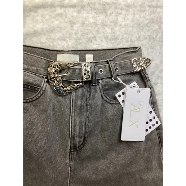 Le ALX Western Belt Jean Grey Fringed Straight Leg‎ High Rise Denim Size 26 NWT - Image 2