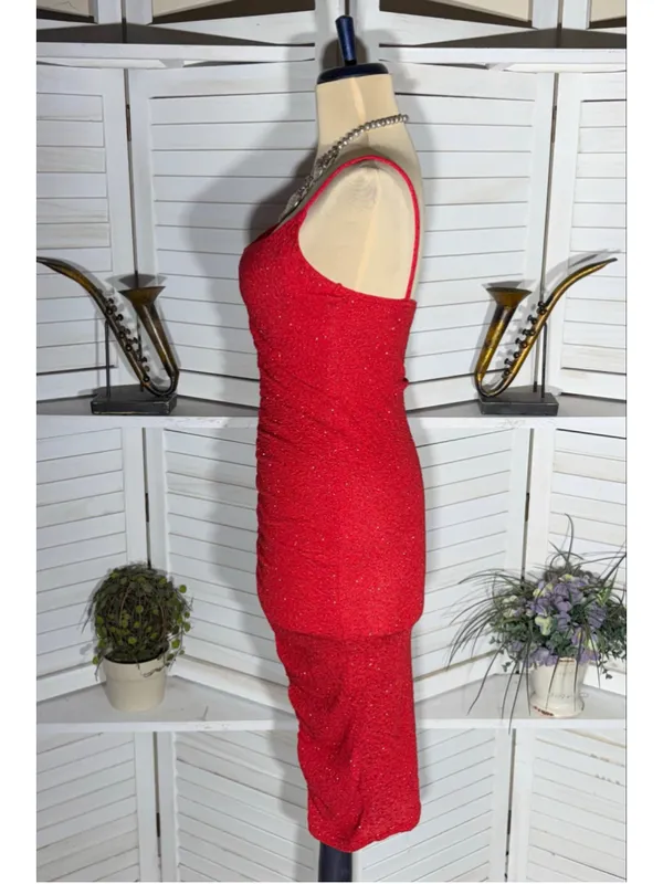 Shiny sparkle red dress ruched midi bodycon padded bra cocktail homecoming NWOT - Image 4