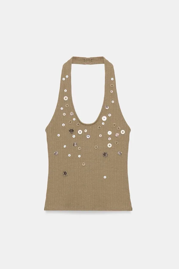 BNWT Zara Olive Green Brown Button Rib Halter Top  - Image 4