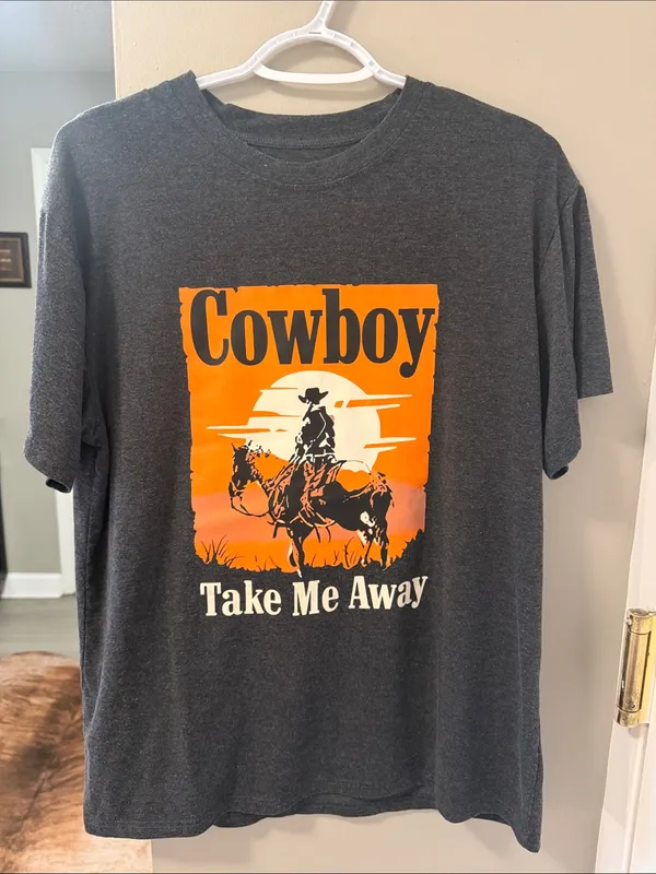 Cowboy Take Me Away Graphic Tee Dark Gray Orange Sunset Country Concert - Image 2