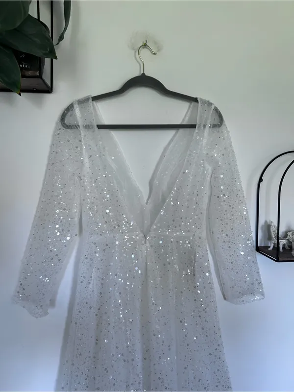 NWT Merry’s Bridal White Sequin Sheer V Neck Long Sleeve Wedding Gown Size 8 - Image 4