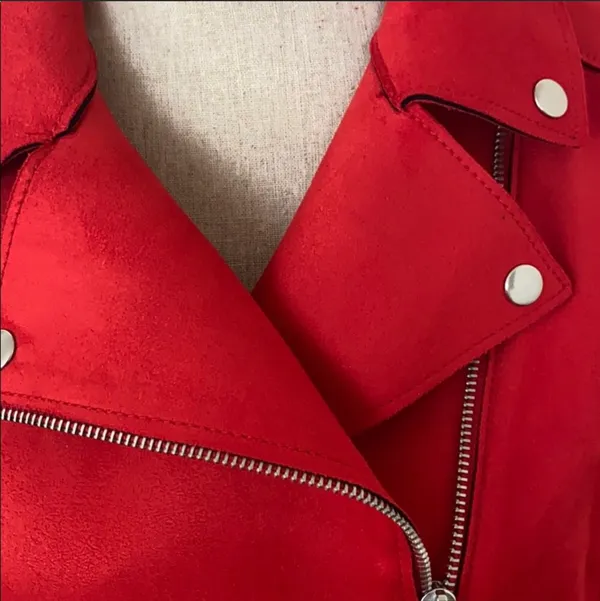 Red Suede Leather Biker Jacket - Image 6