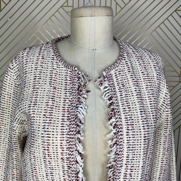 Theory Galinne Speckle Boucle Knit Fringe Sweater Jacket Cream Red Size Small‎ - Image 4