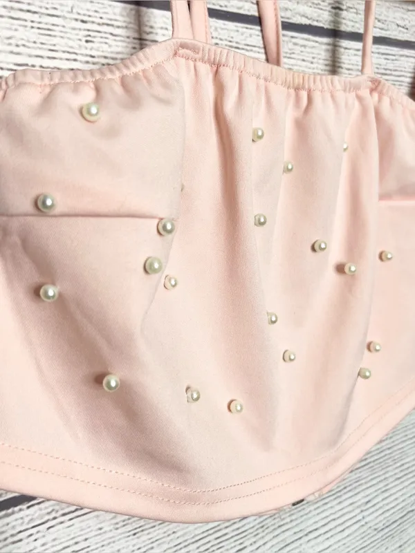 Pink Pearl Two-Piece Set Embellished Off Shoulder Crop Top & Shorts Size Small - Image 7
