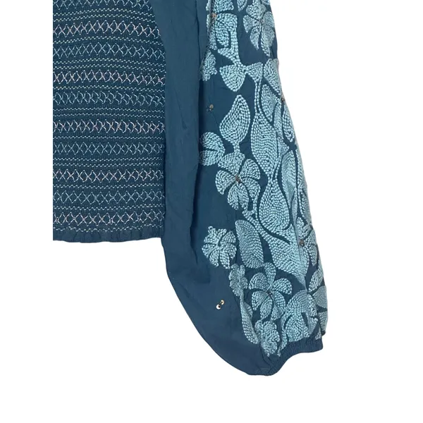 Anthropologie Teal‎ Smocked Embroidered Puff Sleeve Crop Top XS Floral Boho - Image 2
