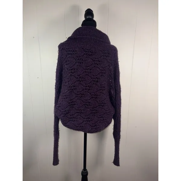 Free People Sweater Cardigan Wool Blend 4 Snap Purple Open Weave Chunky Knit M - Image 4