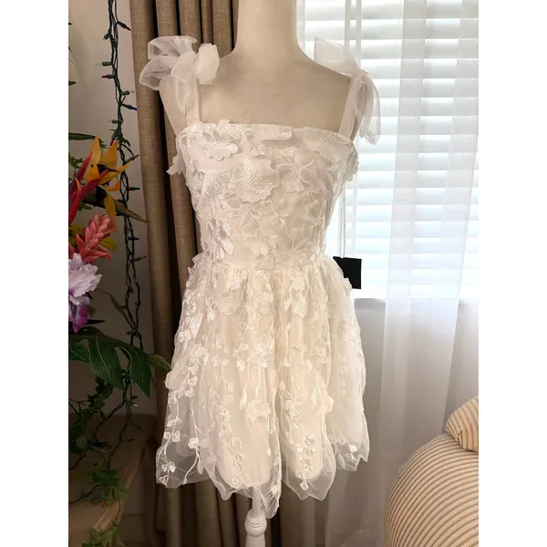 Lulus Classic Romance White 3D Floral Applique Tie-Strap Mini Dress - Image 5
