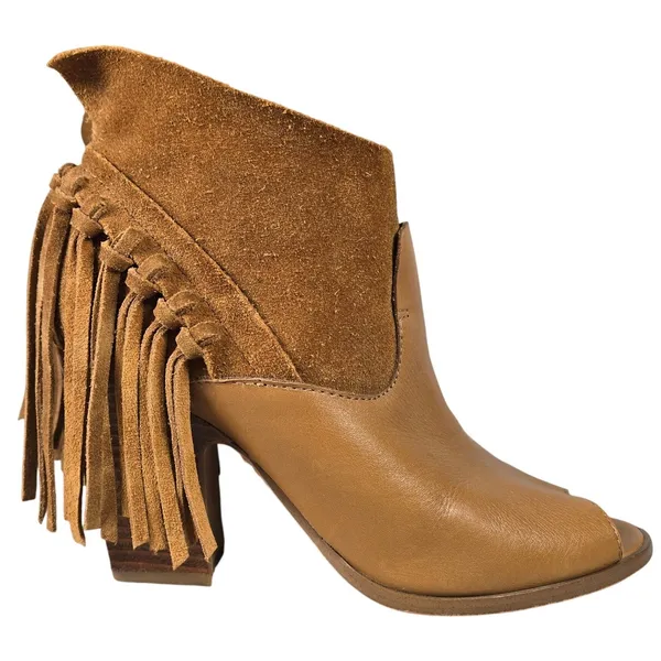 Marc Fisher Tan Leather Suede Fringe Peep Toe Ankle Boots Brown‎ Wood Heel 9 - Image 2