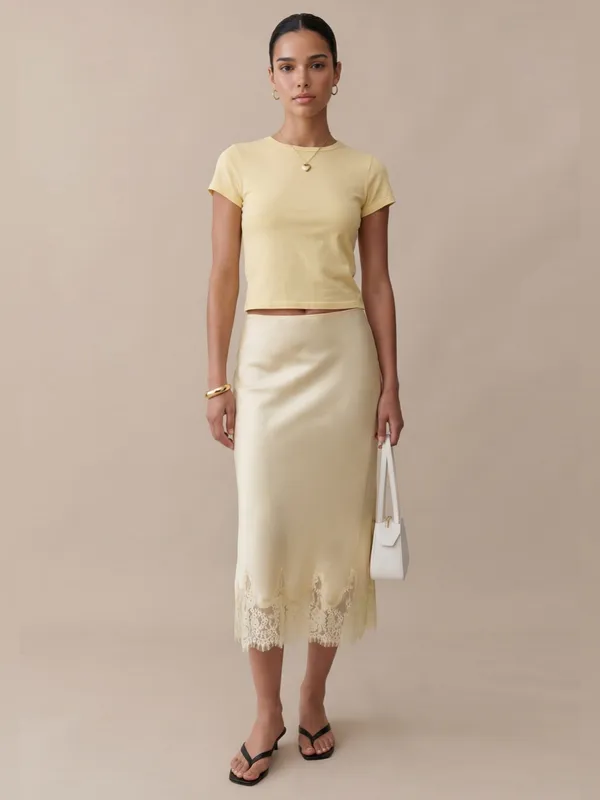 NWT Evren Silk Midi Skirt size Small S Lace trim butter yellow o.p.t - Image 2